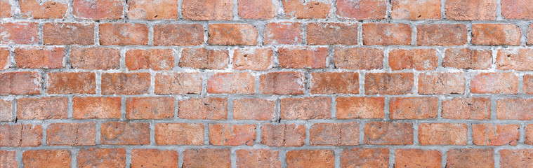 Abstract red brick wall texture light gray old stucco and vintage brickwork pattern background in home interior, grunge rusty blocks of stonework grey color panoramic wide wallpaper