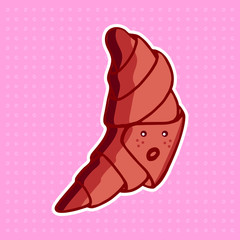 Cute croissant with eyes and a mouth. Sticker with bakery unchanged. Bun in brown-ocher colors on a pink background at a point.