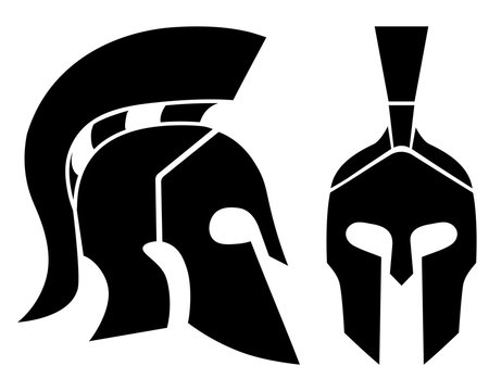 Set of of Spartan helmet Silhouettes. Front and side view. Ancient warrior simbol. Vector Illustration isolated on background.