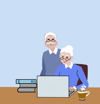 Older couple studying with a laptop at home,senior education concept,Senior Online studying. Support talk Online communication. Online shopping.
