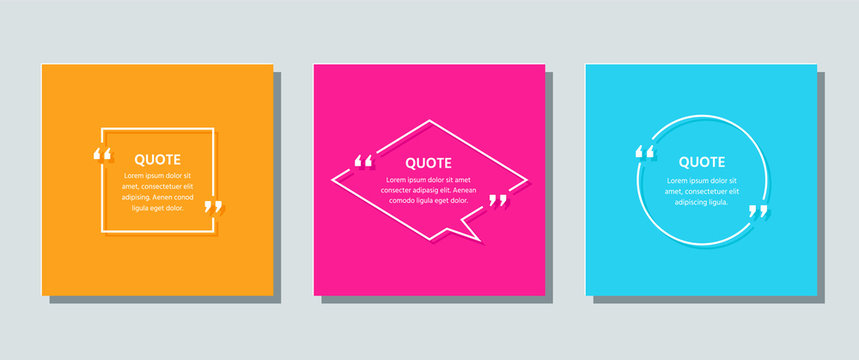 Quote frame template. Quotations text box. Vector. White info comments and messages in textboxes on color background. Set of speech bubbles. Cards with phrases in brackets. Colorful illustration.