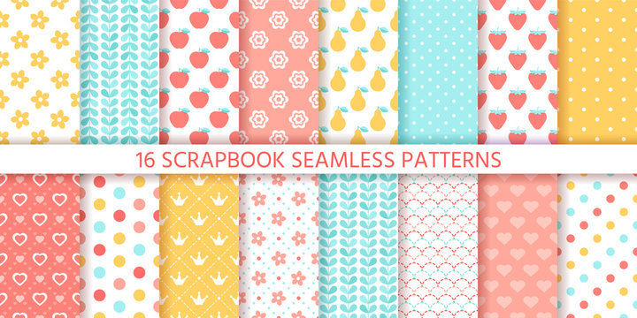 Scrapbook seamless pattern. Vector. Cute backgrounds. Set textures with polka dots, flowers, fruits, hearts and leaves. Retro prints. Pastel colors illustration. Trendy packing papers. Chic backdrops.