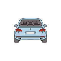 Light blue car from back view - cartoon drawing of empty automobile vehicle