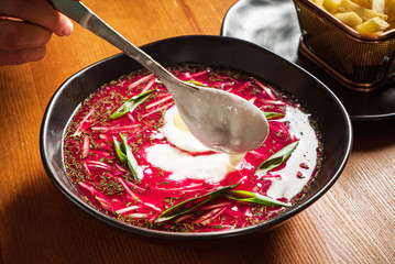 cold beetroot soup with french fries
