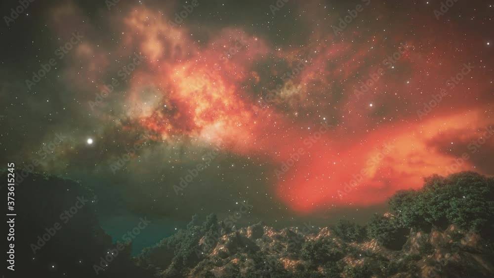 Wall mural video of universe or aerial flyby. camera moves towards a sky and heavenly objects seen at a distanc