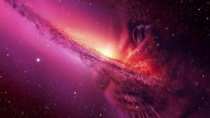 Video of universe or aerial flyby. Camera moves towards space and cat seen at a distance while stars flyby. Apt for motivational, meditation, intro or opener, music and spiritual videos.