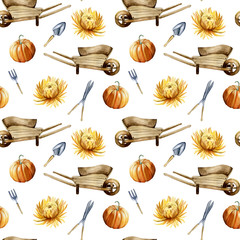Watercolor hand painted seamless pattern with vintage wheelbarrow, orange pumpkins, flowers and garden tools on white background. Perfect for creating unique fall or thanksgiving designs.