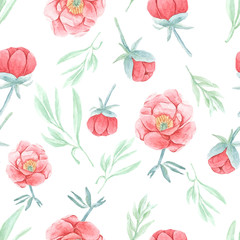 watercolor hand draw red peony seamless pattern isolated on white background for fabric or paper