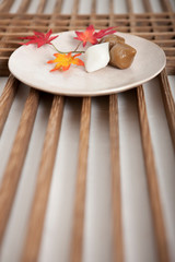 korean food, rice cake - songpyeon on korean traditional patterned door