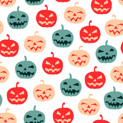 Halloween pumpkins seamless pattern on transparent background. Repetitive colourful vector pattern. 
