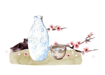 日本酒と梅の花の水彩画