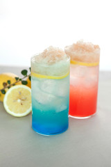 red and blue colored lemonade