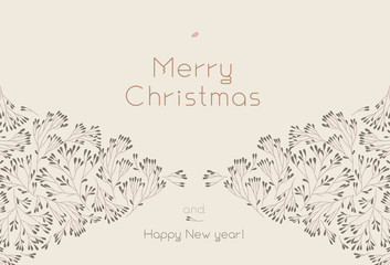 Christmas poster template on calm background. Winter sale fair flyer. Vintage New Year greetings card. Pinecone Xmas soft decorations. Old fashioned Merry Christmas banner with isolated tree branches.