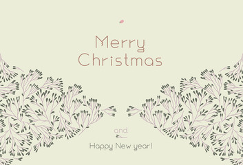 Christmas poster template on calm background. Winter sale fair flyer. Vintage New Year greetings card. Pinecone Xmas soft decorations. Old fashioned Merry Christmas banner with isolated tree branches.