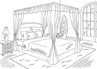 Bedroom graphic black white home interior sketch illustration vector