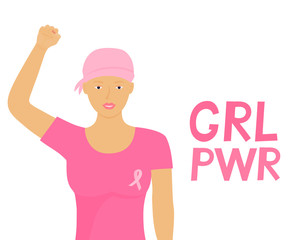 National Breast Cancer Awareness Month. African american woman was wearing a head scarf after chemotherapy and with a pink ribbon on T-shirt raised fist up.