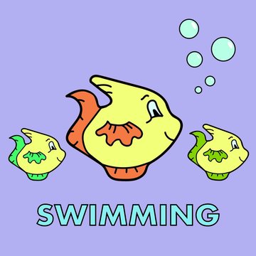 Poster with three yellow fish on a blue background and the words swimming. 
