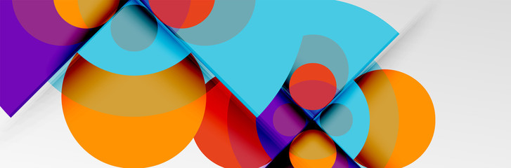 Bright color circles, abstract round shapes and triangles composition with shadow effects. Vector modern geometric design template