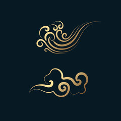 Fototapeta premium Set of gold decorative elements in oriental style with cloud pattern, for korean New Year, thanksgiving day.