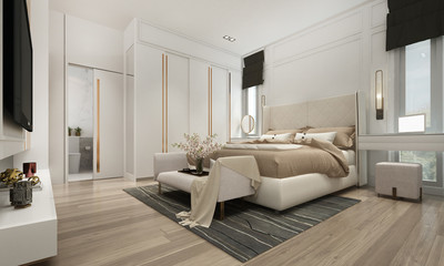 3D rendering mock up interior design of modern cozy bedroom and modern pattern wall background