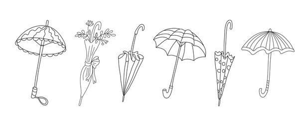Vector set with open and closed umbrellas isolated on white background. Doodle style illustration  in black ink.