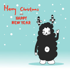 Christmas card with cute funny animal on the background of snowflakes. hand-drawn vector illustration in cartoon style. greeting card-happy new year 2021 and Christmas holidays. for your text