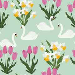 Seamless pattern with swans and flowers