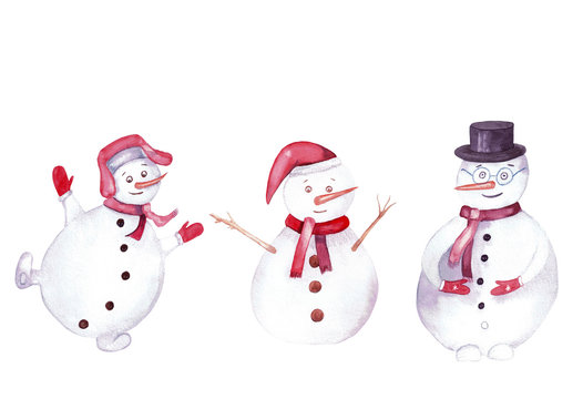 watercolor hand drawn Christmas set of snowman character isolated on white background. Good for kids media cards prints winter holidays cartoon cute funny