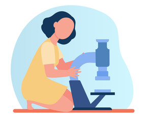 Smart girl using microscope. Child studying biology or chemistry flat vector illustration. School, science, education concept for banner, website design or landing web page