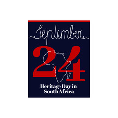 Calendar sheet, vector illustration on the theme of Heritage Day in South Africa on September 24. Decorated with a handwritten inscription SEPTEMBER and outline Africa map.