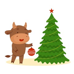 A cute little bull holds a ball in hands and decorates a Christmas tree. Happy New Year.Chinese new year symbol.Christmas card. 2021 year.Flat vector cartoon illustration isolated on white background