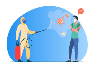 Person in protective cloth disinfecting space with sanitizer. Infection, sick person flat vector illustration. Coronavirus, spread prevention concept for banner, website design or landing web page