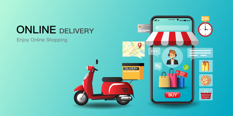 Online shopping on application and website concept, fast scooter service, digital marketing, banner, app, delivery parcels, or food to home and office. Vector illustration.