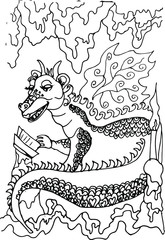 Cute dragon reading a book in a cave. Linear vector illustration. Fabulous sketch.  Coloring page for children and ad