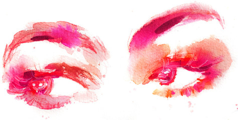 Colorful watercolor eyes and long lashes fashion illustration, red, pink and orange - 373627208