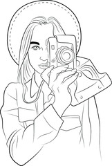 Vector Illustration Coloring Book Page Line Art Beautiful Woman Photographer Camera Outline Sketch White Background