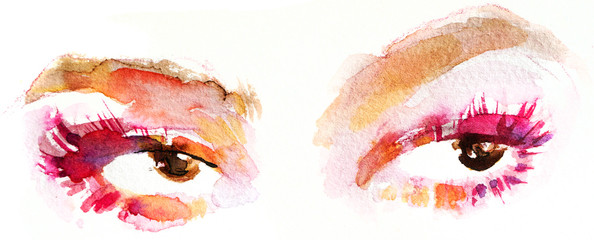Colorful watercolor eyes and long lashes fashion illustration, red and orange brown - 373627475