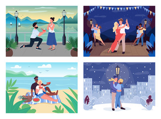 Romantic pastime flat color vector illustration set. Engaged pair. Man and woman on blanket on beach. Dancer perform. Couple on vacation 2D cartoon characters with landscape on background collection