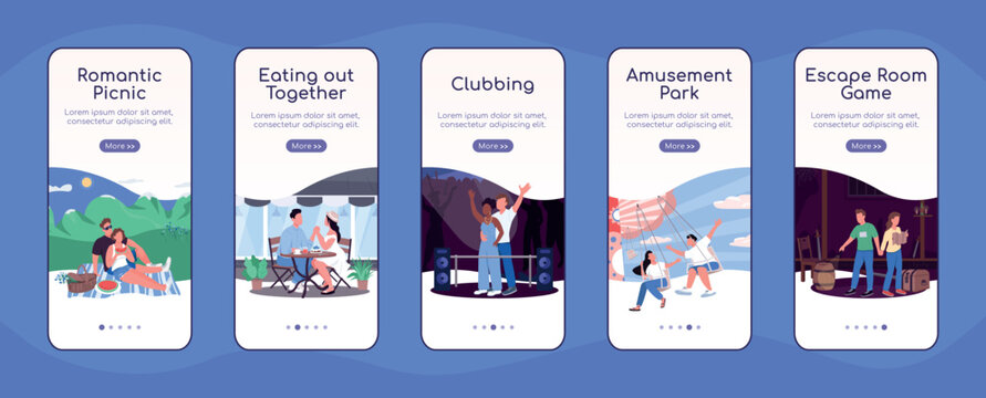 Fun date ideas onboarding mobile app screen flat vector template. Eating together. Theme park. Walkthrough website steps with characters. UX, UI, GUI smartphone cartoon interface, case prints set