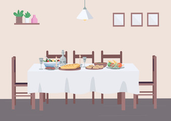 Traditional dinner at home flat color vector illustration. Dining at table and chair in house. Jewish meal with food and wine. Household 2D cartoon interior with wall on background