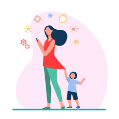 Kid asking mom for attention while she hanging on social media. Using smartphone, cellphone flat vector illustration. Parenting, online addiction concept for banner, website design or landing web page