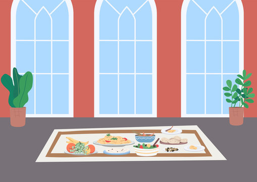 Muslim Traditional Dinner Flat Color Vector Illustration. Dining On Tablecloth On Floor. National Cuisine With Dishes And Meal. Living Room With Furniture 2D Cartoon Interior With Wall On Background