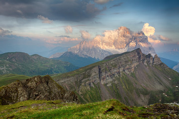 Evening Glow over Mt. Pelmo and Mt. Civetta, Dolomites, Italy