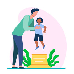 Dad placing son on pedestal. Caucasian man holding dark skinned kid in arms flat vector illustration. Parenthood, childhood, adoption concept for banner, website design or landing web page