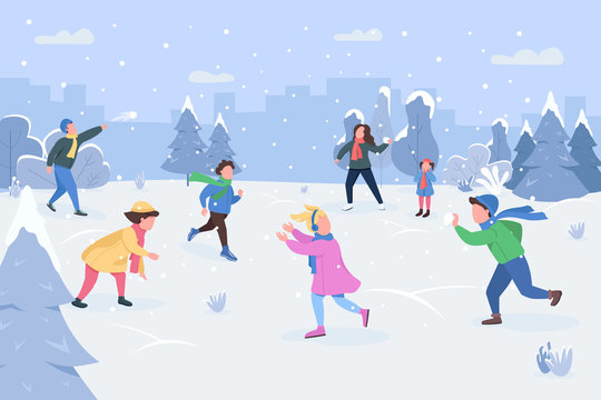 Snowball fight semi flat vector illustration. WInter activity for entertainment outside. Kids play with adults in snowfall. Children have fun. Family 2D cartoon characters for commercial use