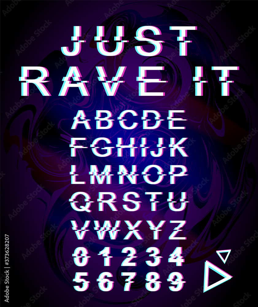 Fototapete just rave it font template. retro futuristic style vector alphabet set on violet background. capital