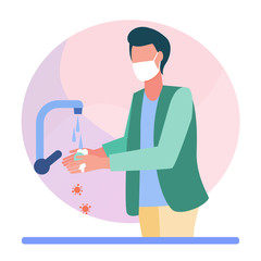 Naklejka na ściany i meble Man in mask washing hands. Disinfecting soap, foam, virus flat vector illustration. Pandemic, hygiene, covid spread prevention concept for banner, website design or landing web page