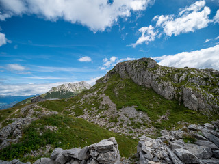 Fototapeta na wymiar trench on Carnic Alps, site of battles between the Italian and Austrian armies in the World War 1. Passo di Monte Croce, Pal Piccolo, Friuli Venezia Giulia, Italy