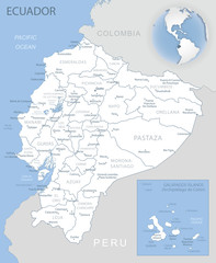 Blue-gray detailed map of Ecuador administrative divisions and location on the globe.