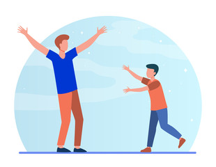 Dad and son meeting after separation. Boy walking to father with open arms flat vector illustration. Parenthood, childhood, parenting concept for banner, website design or landing web page